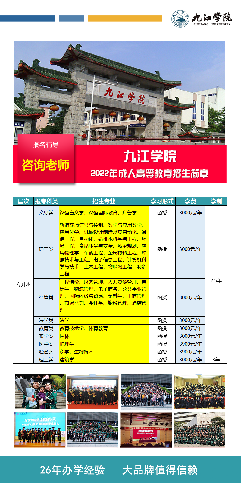 九江學(xué)院成人高考招生簡章